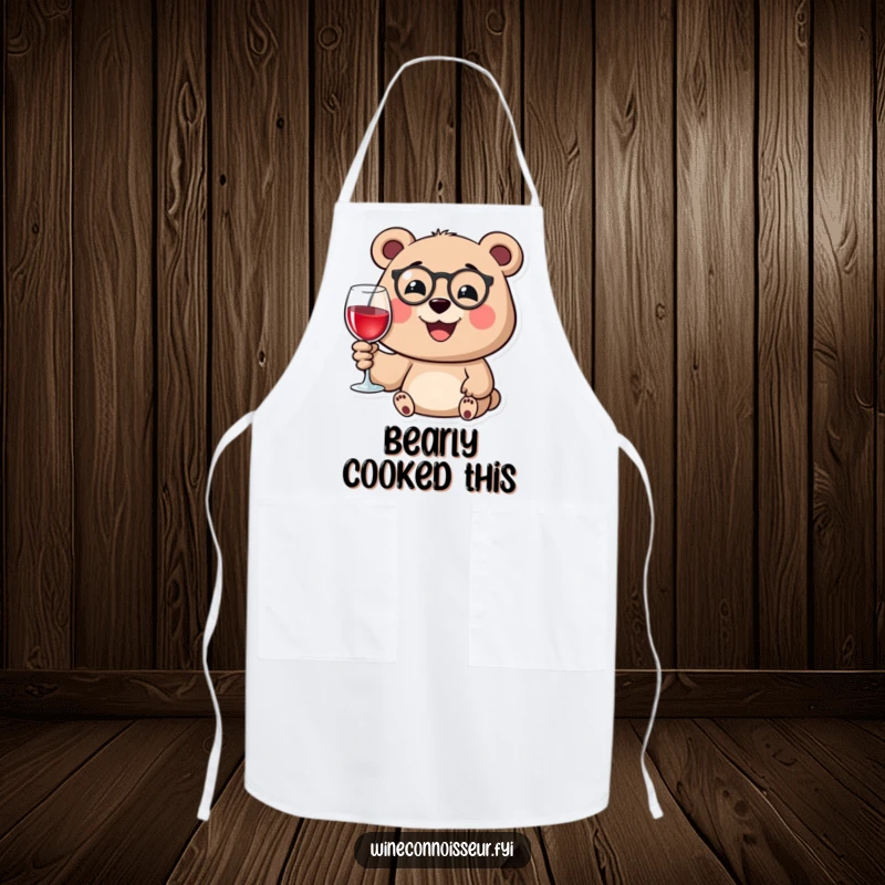 Funny apron with a happy bear wearing a monocle, smiling while holding a wine glass, perfect for kitchen elegance.