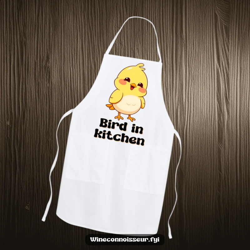 Funny joyful yellow bird character nodding thoughtfully on a practical funny apron.