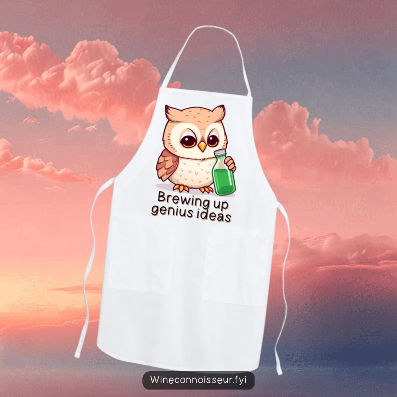 Funny owl expert apron showcasing a smiling owl with a magnifying glass, intently studying a tiny bottle while cooking.