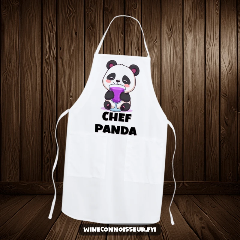Funny happy panda enjoying purple drink with a sigh apron, perfect for kitchen duties with humorous relaxation.