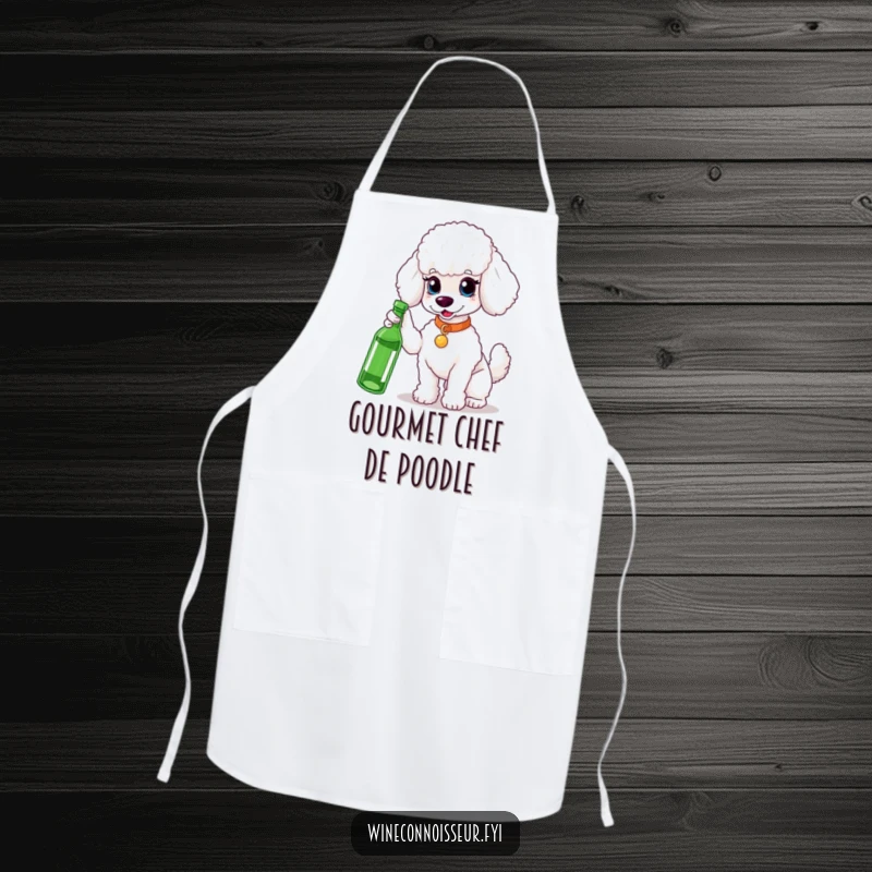 Funny white poodle apron, sophisticated design for cooking, elegant and practical, a humorous kitchen accessory, a great funny gift.