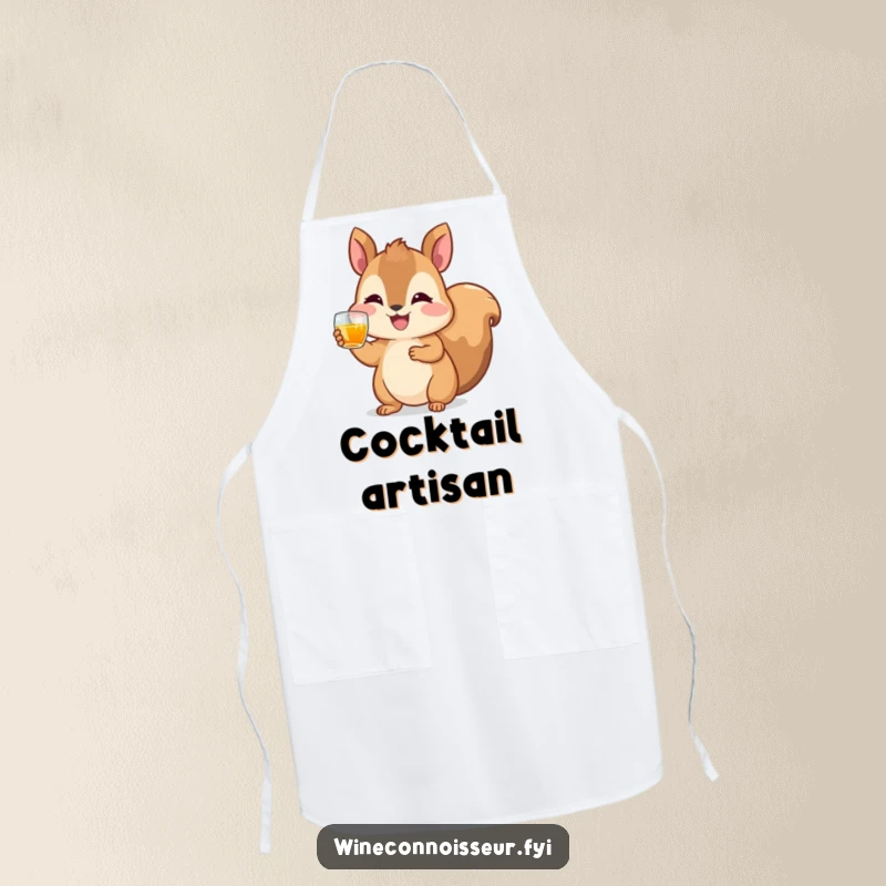 Funny apron featuring a happy squirrel character raising a tiny glass of amber liquid, ideal for kitchen fun and celebratory cooking.