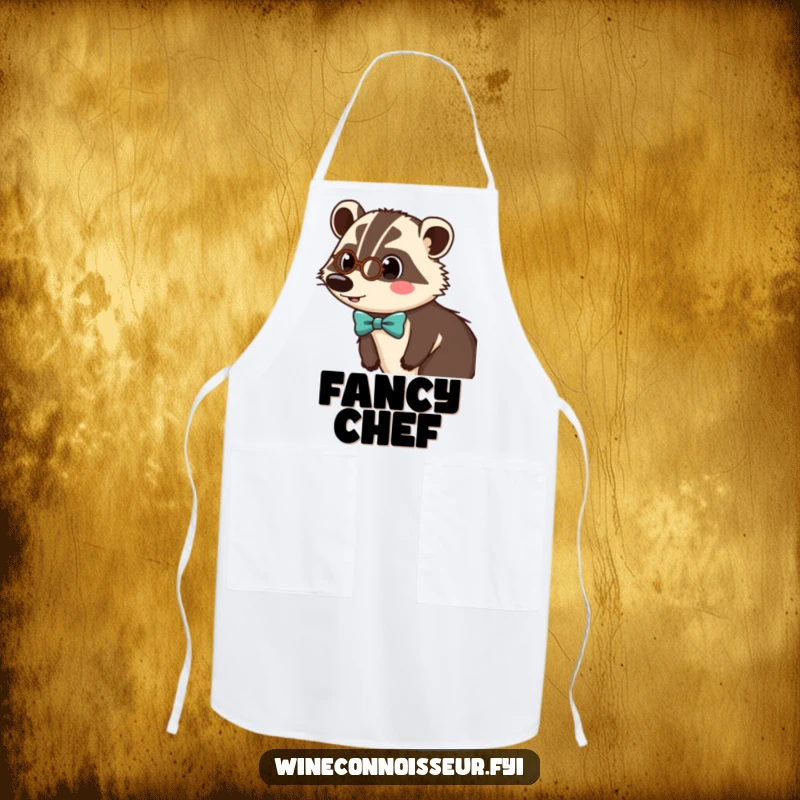 Funny apron featuring a surprised badger character wearing a tiny monocle and bow tie, ideal for stylish kitchen protection.