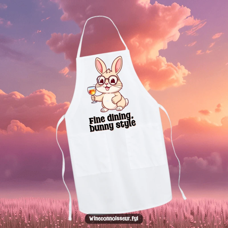Funny apron featuring a cheerful rabbit wearing a monocle and holding a tiny wine glass, a humorous and stylish kitchen essential.