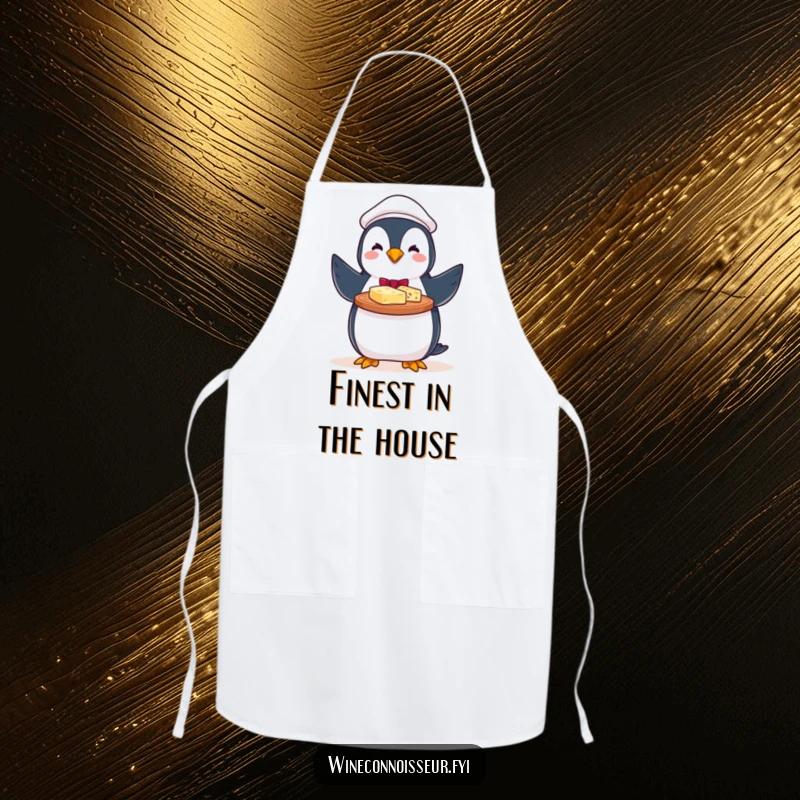 Funny chef apron with a perky penguin server proudly presenting a cheese platter, perfect for hosting duties.