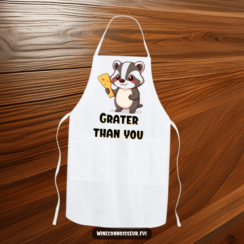 Funny Badger Apron: A proud badger holds a cheese board, perfect for cooks who love to entertain with delicious snacks.