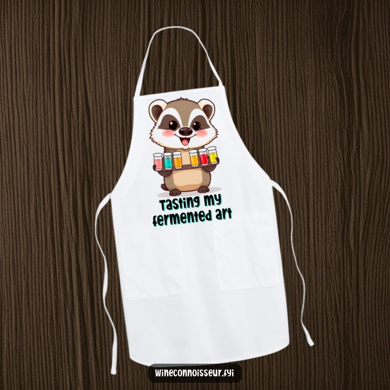 Funny apron depicting a delighted badger presenting a tasting flight of tiny vials, ready to assist in the kitchen with a joyful spirit.