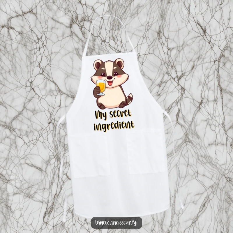 Funny badger apron with a happy character toasting with a small glass and a wide smile, perfect for kitchen humor.