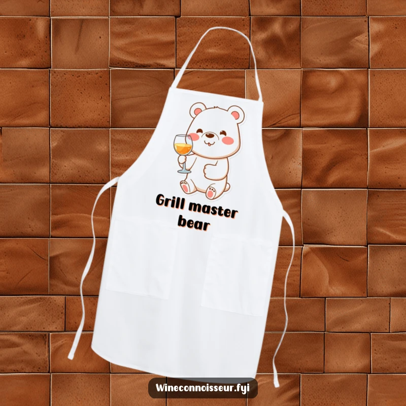 Funny kitchen apron featuring a happy bear character holding a wine glass with its paw, for joyful cooking experiences.