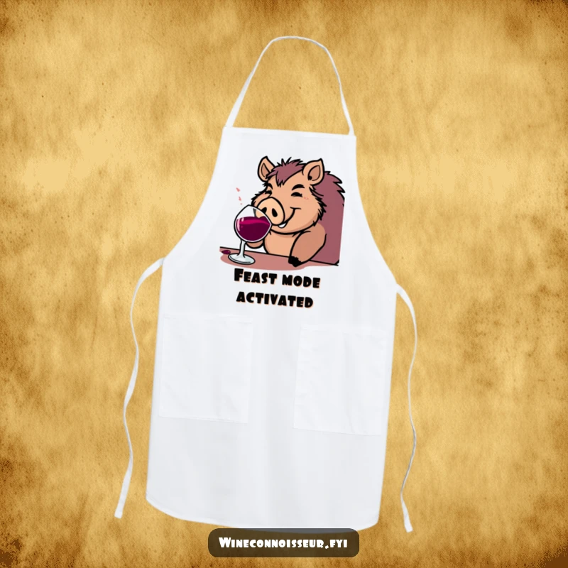 Funny boar apron with a jovial character happily sipping from a substantial wine goblet, perfect for kitchen humor.