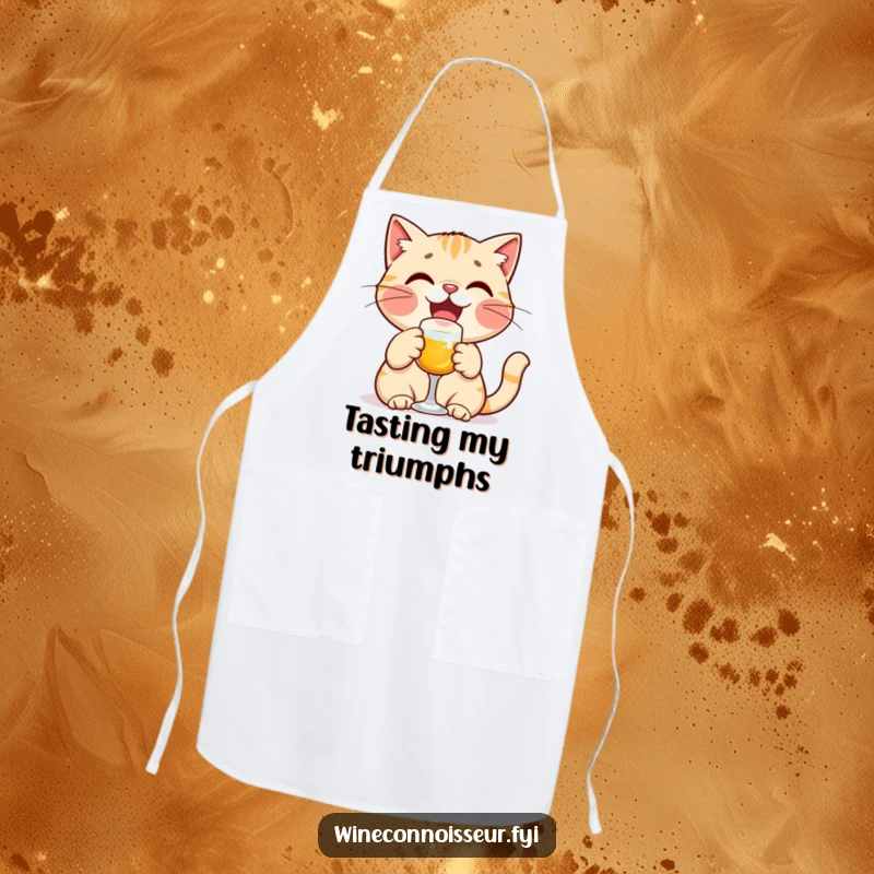 Funny cat apron showing a delighted cat character joyfully toasting with a tiny glass, ideal for festive cooking and baking.