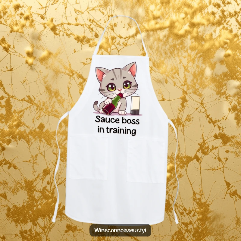 Funny apron with a curious cat character intensely sniffing a wine bottle with wide eyes, perfect for a curious chef.