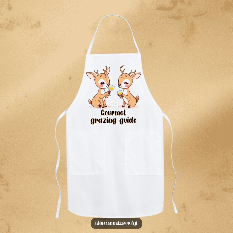 Funny apron showing kawaii deer enthusiastically discussing tasting notes, ideal for kitchen conversations and humor.