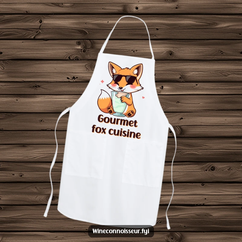 Funny kawaii fox apron, character swirling wine glass, sophisticated happy expression, amusing kitchen wear for chefs.