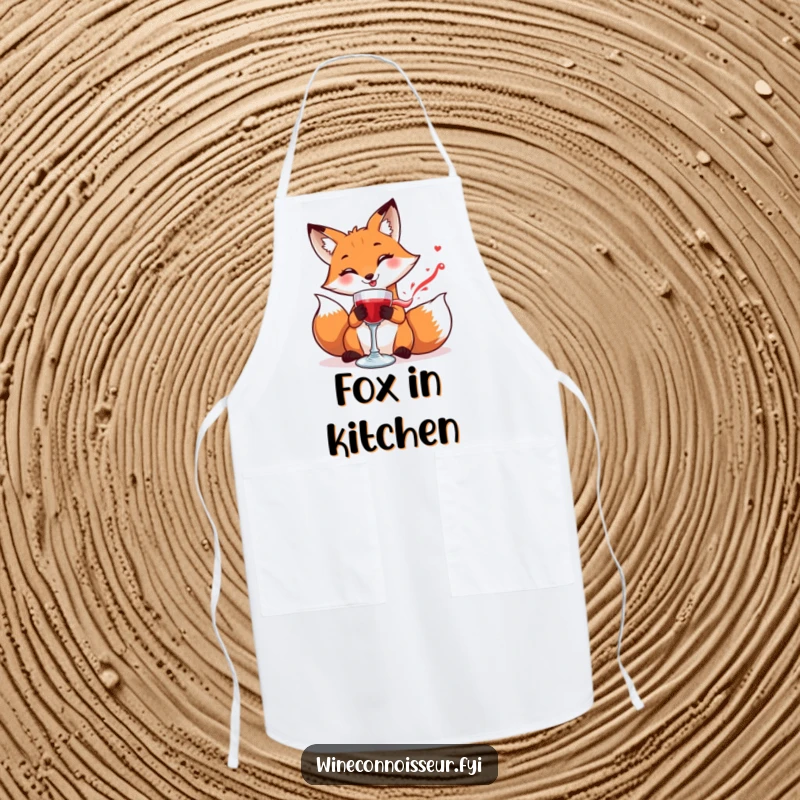 Funny apron with a smiling fox carefully swirling a goblet of red liquid, perfect for stylish and protected cooking.
