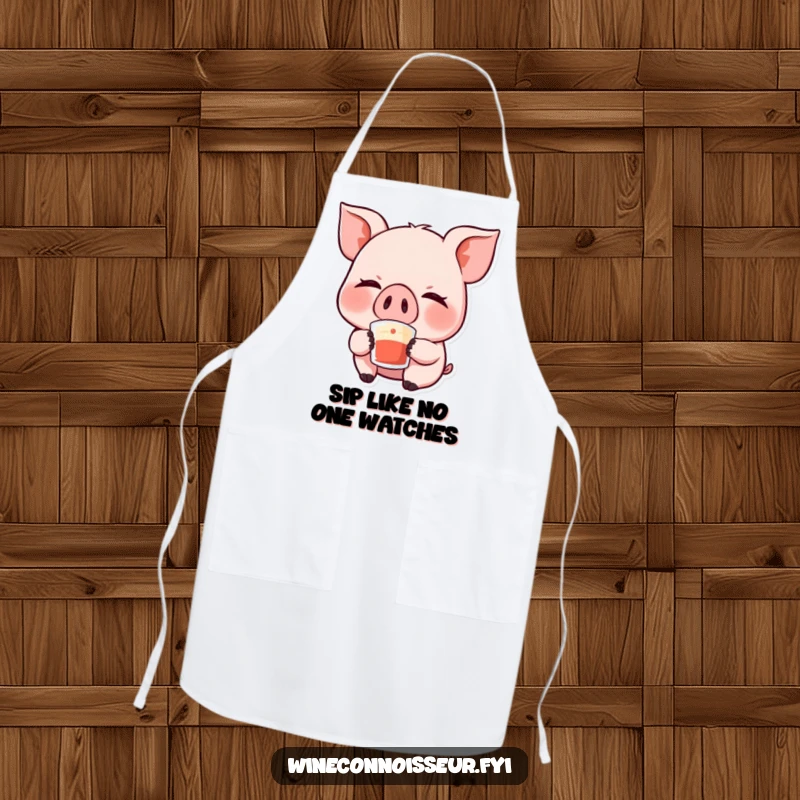 Funny Kawaii Pig Apron: A cheerful, giggling pig character with eyes closed while savoring a sip, making kitchen duties hilariously delightful.