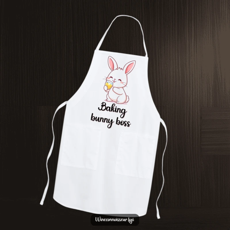 Funny kitchen apron featuring a smiling kawaii rabbit clinking a tiny champagne flute, for festive and fun cooking.