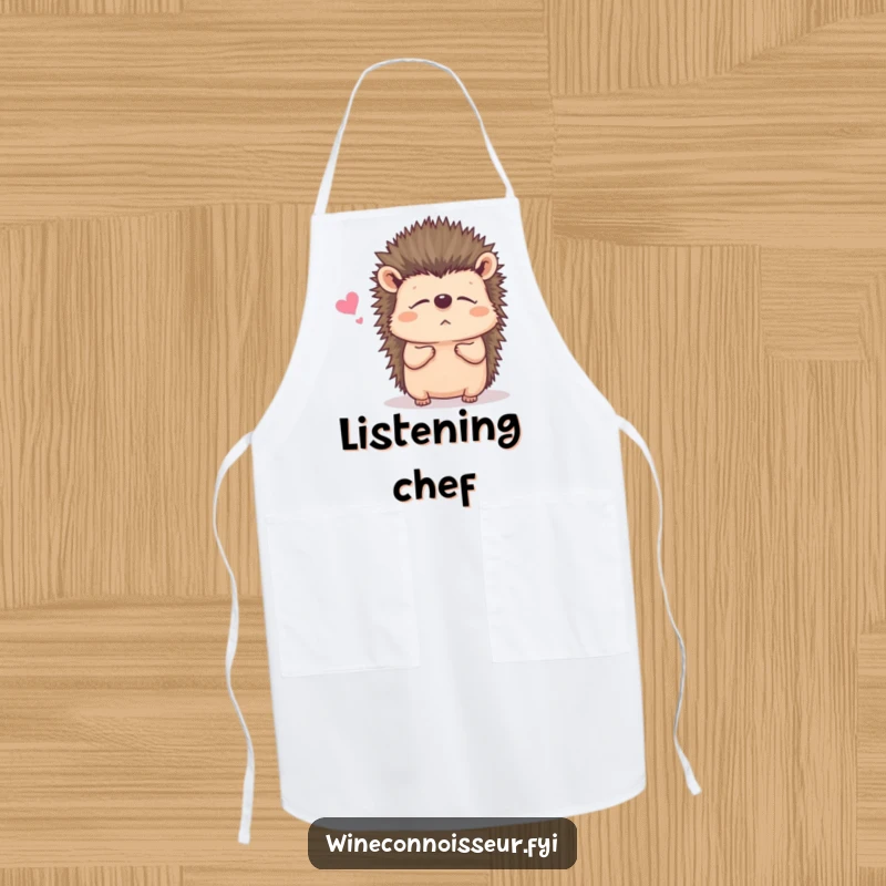 Funny apron featuring a contented hedgehog listening intently, ideal for kitchen tasks and attentive cooking.