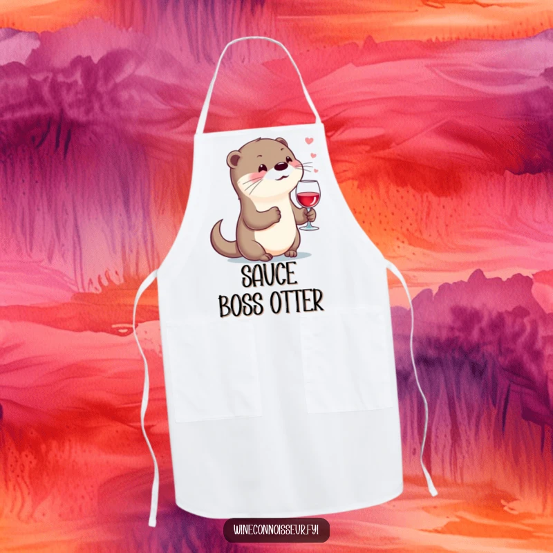 Funny kawaii otter apron, character holding wine glass, sighing contentedly, amusing kitchen wear for chefs.