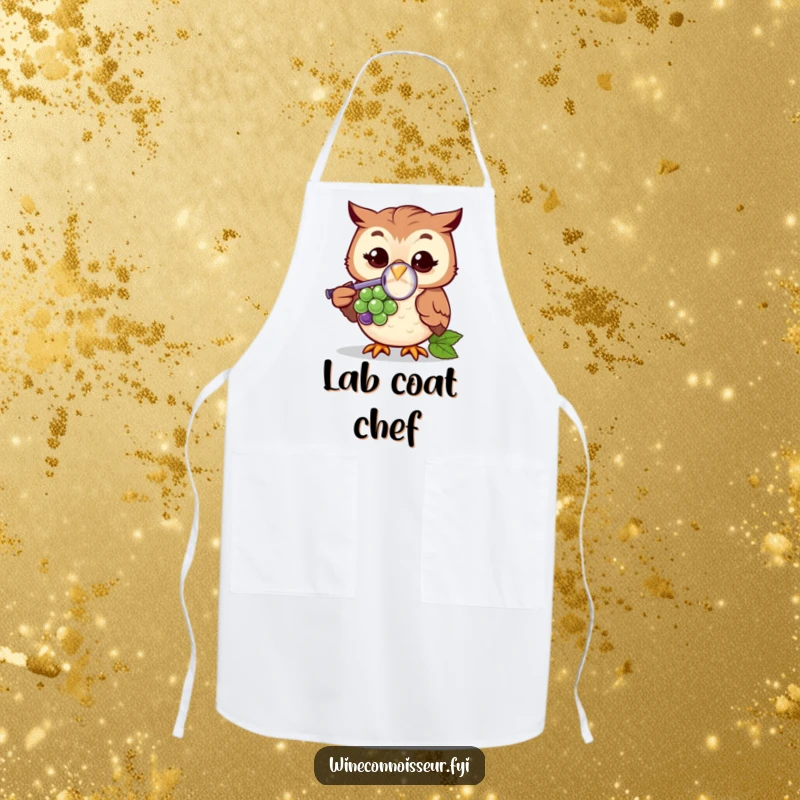 Funny apron with a cheerful owl character using a magnifying glass to inspect a grape, ideal for kitchen humor and protection.