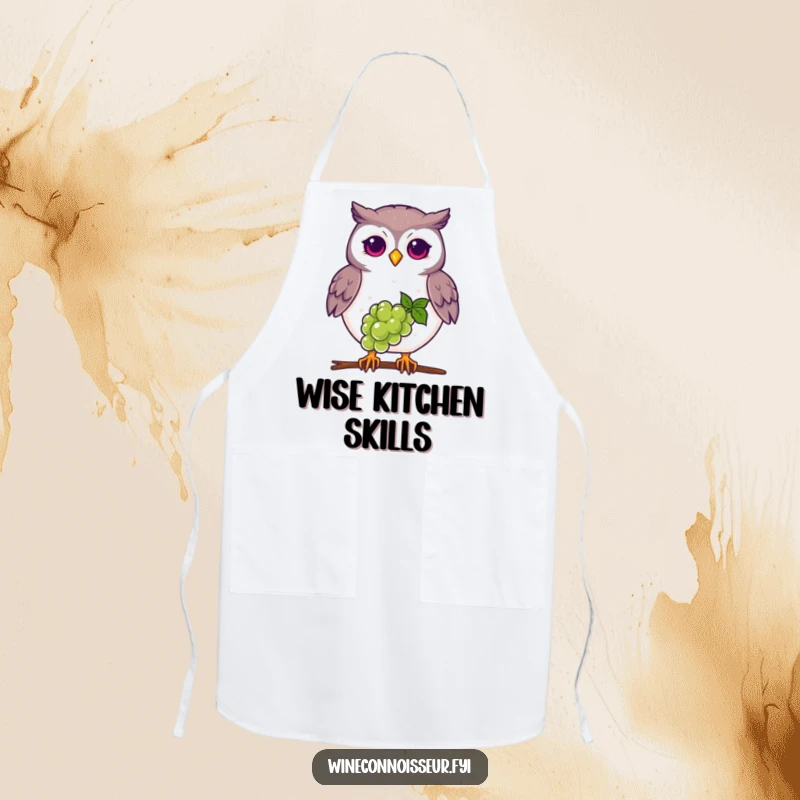 Funny proud owl apron, balancing grape on beak, cute and practical kitchen accessory for bird lovers.