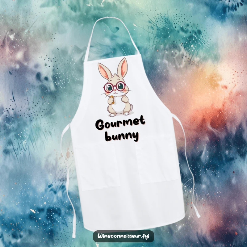 Funny rabbit wearing a monocle examining a cork apron, perfect for culinary endeavors with a side of intellectual humor.