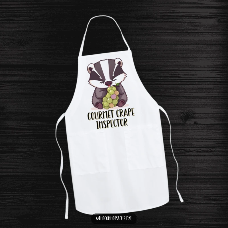 Funny apron depicting a determined badger examining a grape with great concentration, a humorous and practical kitchen essential.