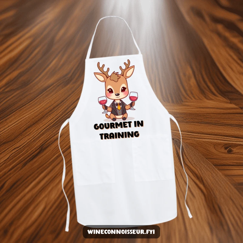 Funny deer apron with a dignified character elegantly holding a wine glass and a reserved smile, for sophisticated kitchen humor.