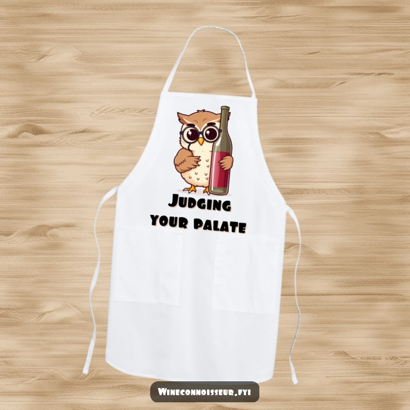 Funny owl character wearing a monocle and apron, inspecting a wine bottle, ideal for humorous kitchen wear.