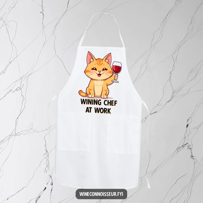 Funny orange tabby cat wine apron for cooking or parties, smiling and holding a glass, protects clothes with style, a practical funny gift.