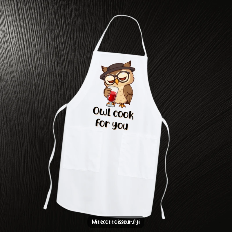 Funny wise brown owl with spectacles swirling wine on a practical funny apron.