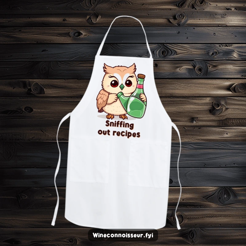 Funny apron depicting a playful owl meticulously sniffing a bottle with a thoughtful expression, a humorous and practical kitchen essential.