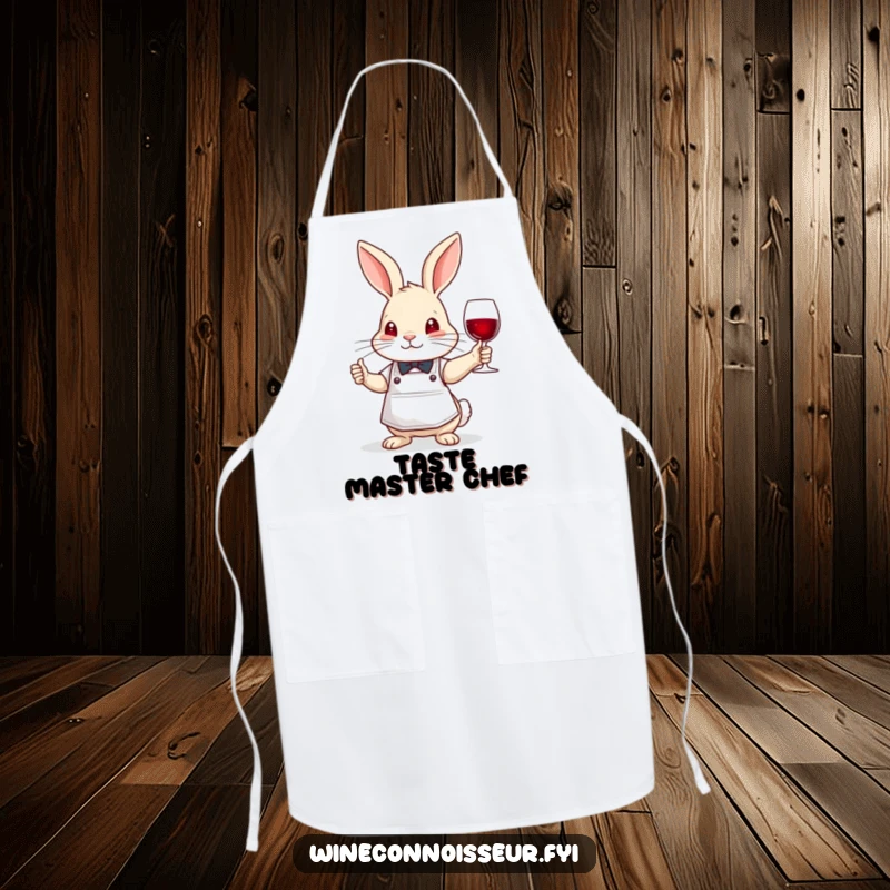Funny brave rabbit sommelier apron, wearing apron, nodding wisely, cute and practical kitchen accessory.