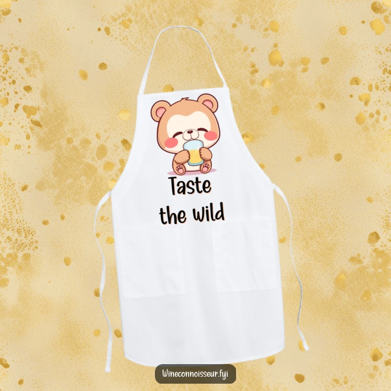 Funny bear apron showing a joyful bear character with eyes closed, savoring a sip, ideal for peaceful cooking and baking.