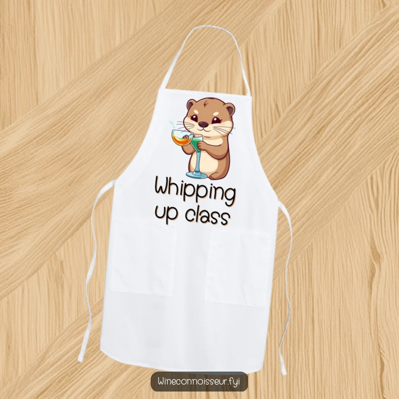 Funny otter apron showing a sophisticated otter character artfully swirling a glass, ideal for stylish and humorous cooking.