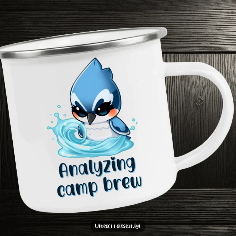 Funny camping mug with a determined blue jay character analyzing a swirling liquid, perfect for curious outdoor moments.