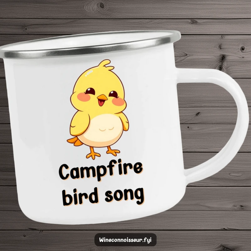 Funny joyful yellow bird nodding thoughtfully on a durable funny camping mug.