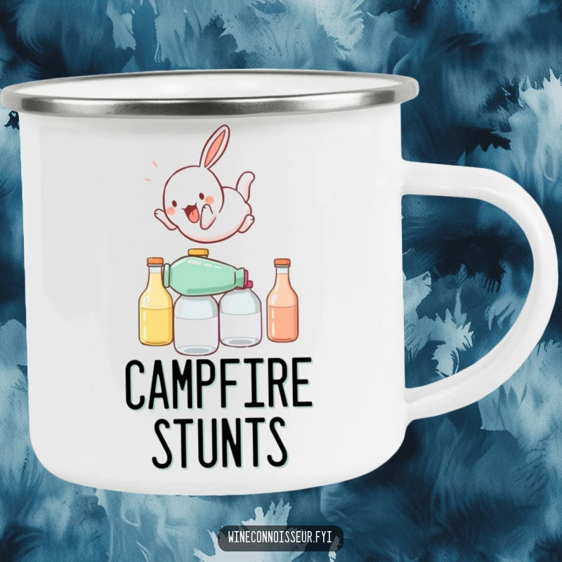 Funny camping mug with a playful rabbit character somersaulting over stacked bottles, perfect for outdoor fun and energetic humor.