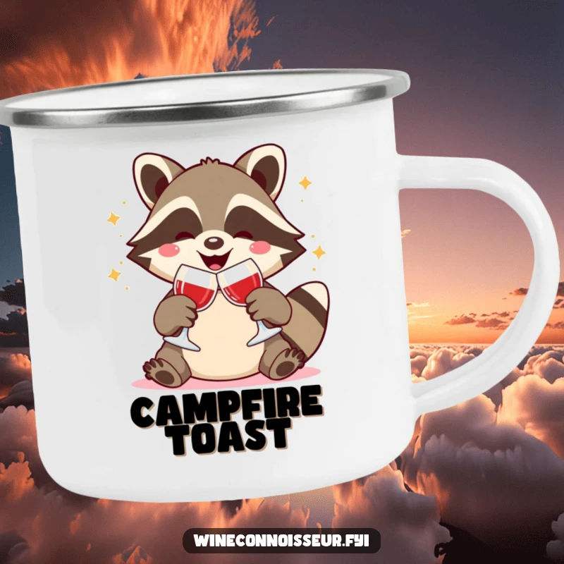 Funny camping mug with a joyful Kawaii raccoon clinking wine glasses, festive outdoor theme, humorous and durable gift.
