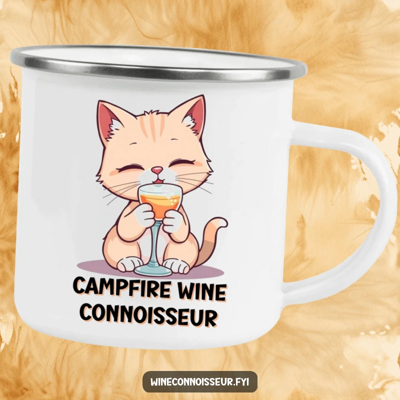 Funny camping mug with a kawaii cat character elegantly sipping from a tiny goblet, perfect for outdoor elegance and humor.