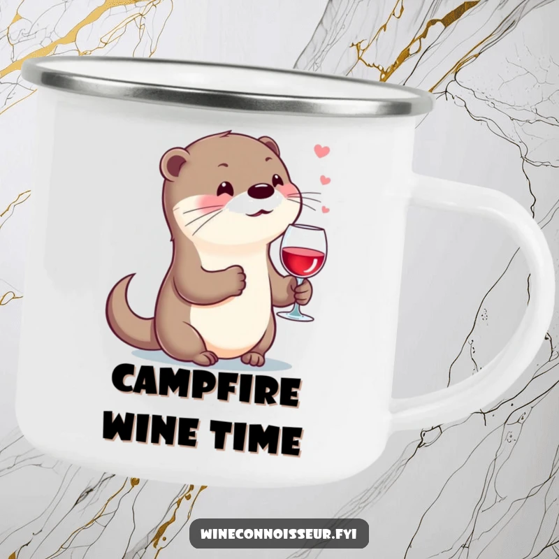 Funny kawaii otter camping mug, character holding wine glass, sighing contentedly, sturdy and amusing outdoor mug.