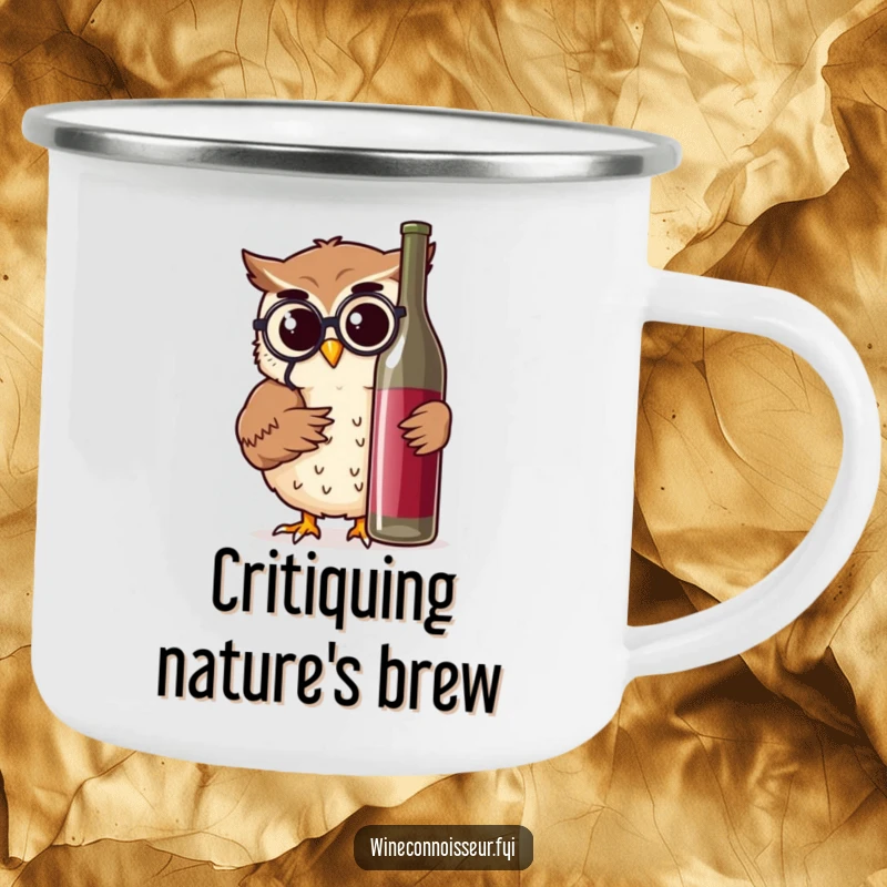 Funny owl character with monocle and wine bottle, designed on a rustic camping mug for outdoor humor.