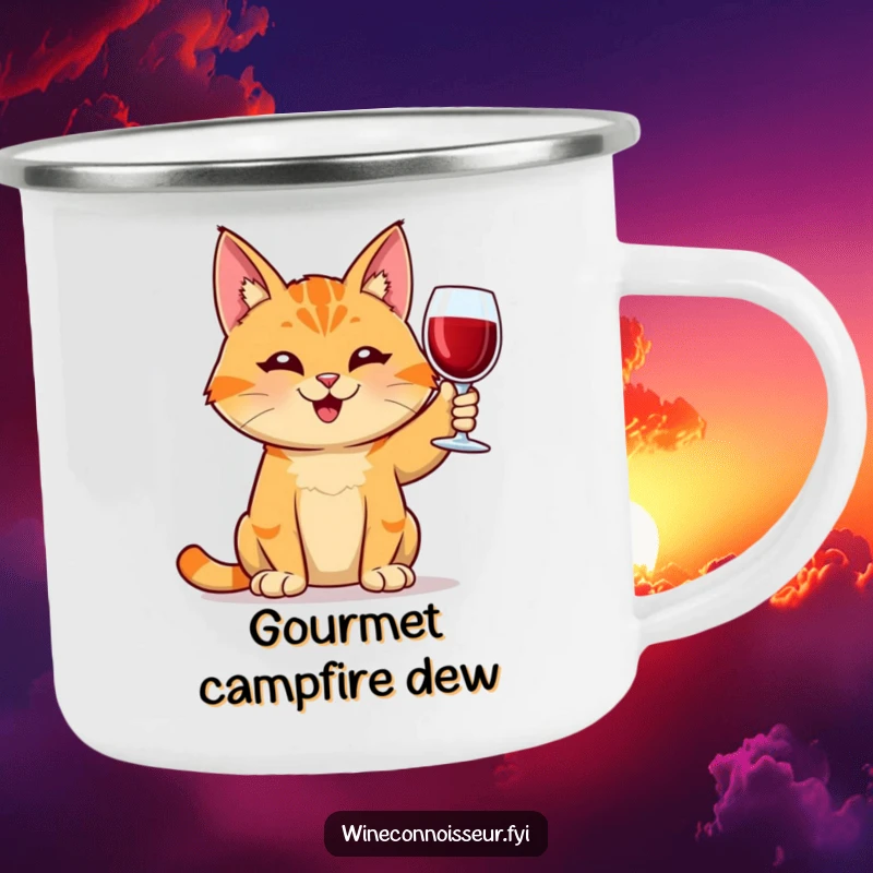 Funny orange tabby cat camping mug, holding wine, ready for outdoors, durable and humorous, a great funny gift for campers.