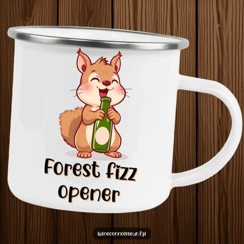 Funny camping mug with an excited kawaii squirrel uncorking a miniature bottle, perfect for outdoor fun and humor.