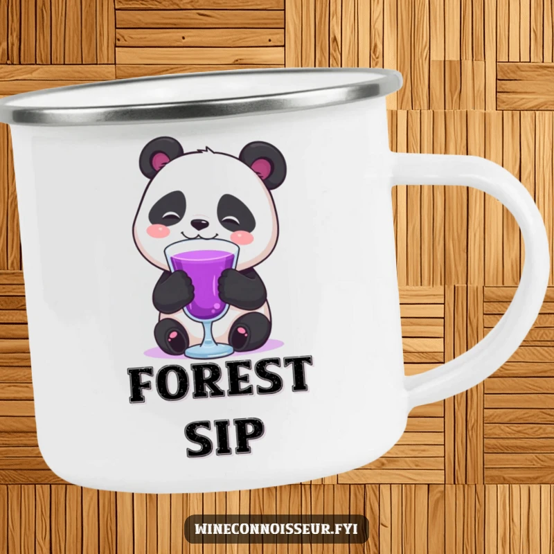 Funny happy panda enjoying purple drink camping mug, perfect for outdoor beverages and adding a humorous touch of zen.