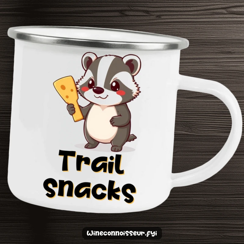 Funny Badger Camping Mug: A proud badger holds a cheese board, ready for outdoor adventures and delicious snacks.