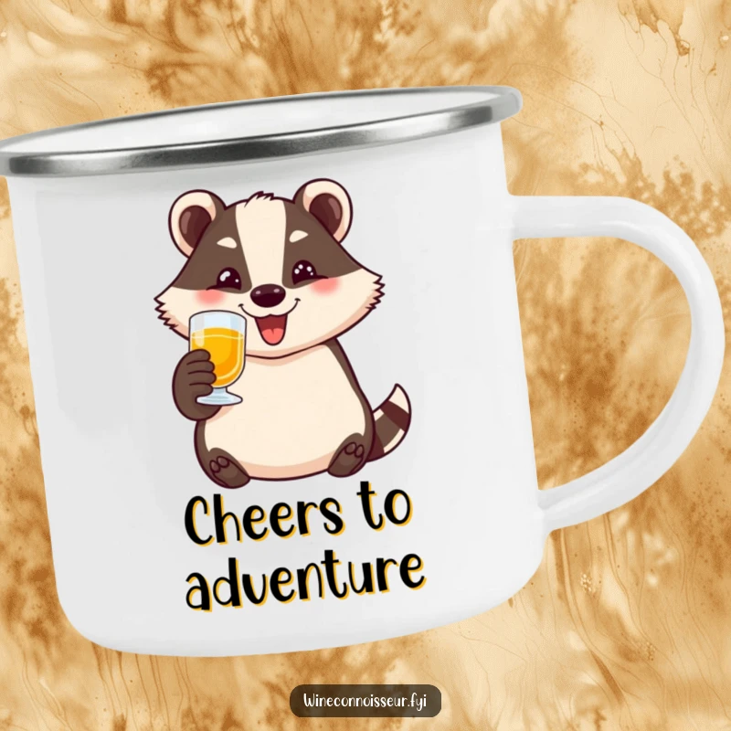 Funny badger camping mug with a happy character toasting with a small glass and a wide smile, for outdoor humor.