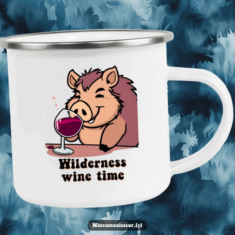 Funny boar camping mug with a jovial character happily sipping from a substantial wine goblet, for outdoor merriment.