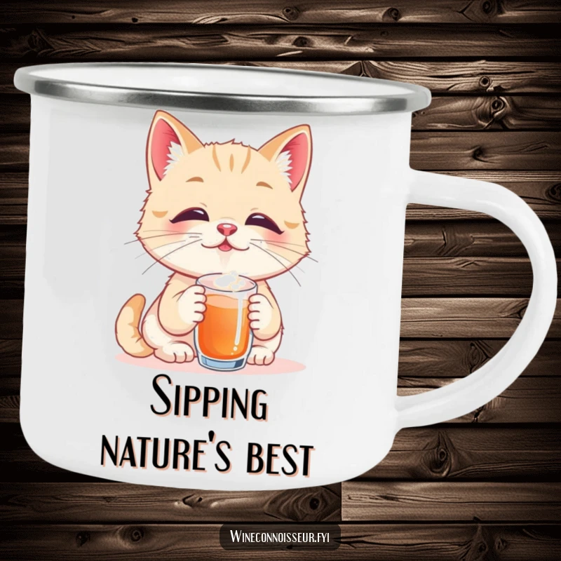Funny camping mug featuring a playful cat taster savoring a tiny sip with eyes closed in pure bliss, perfect for outdoor use and humorous relaxation.