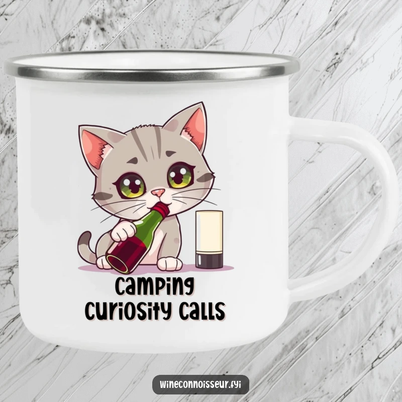 Funny camping mug with a curious cat character intensely sniffing a wine bottle with wide eyes, perfect for outdoor exploration.